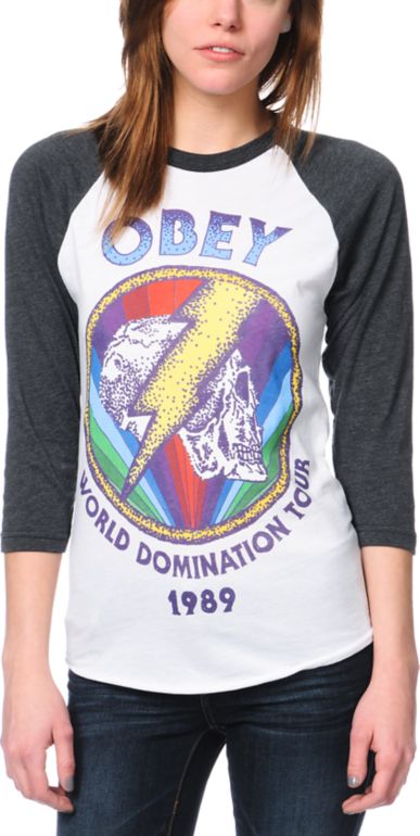 Obey World Domination Tour White & Charcoal Baseball Tee Shirt