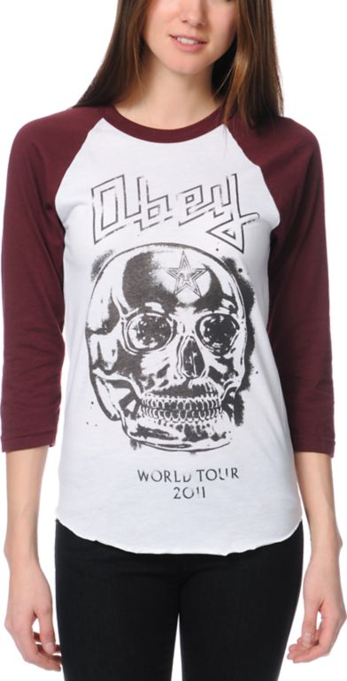 Obey Girls Diamond Skull White & Truffle Baseball Tee Shirt