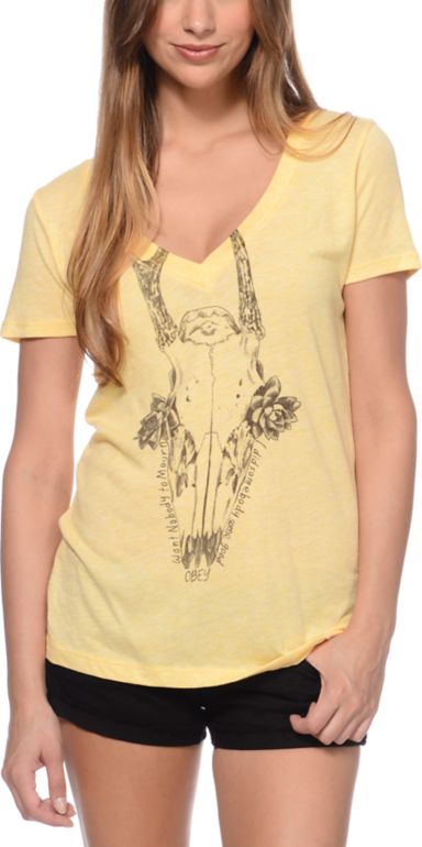 Obey Girls Deer Skull Yellow V-Neck Tee Shirt