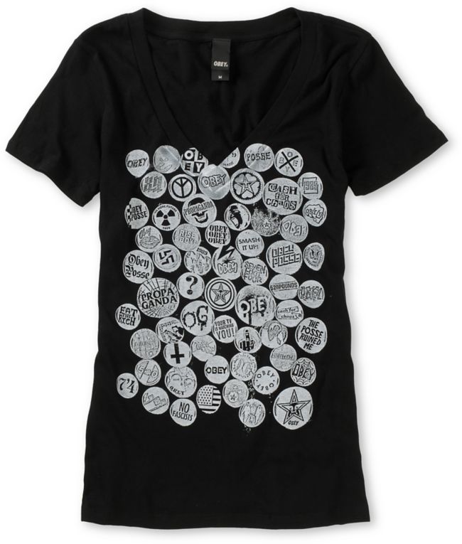 Obey Girls Badge Of Honor Black V-Neck Tee Shirt