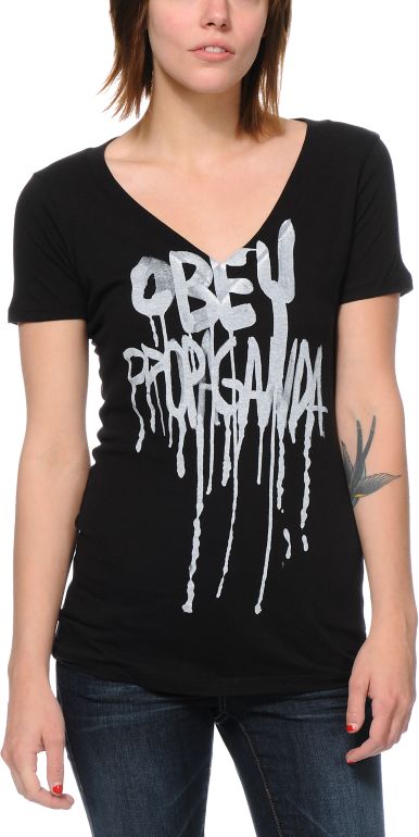 Obey Girls Brush Drip Black V-Neck Tee Shirt