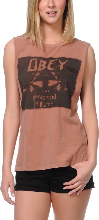 Obey Girls Wasted Youth Brown Moto Cut-Off Tank Top