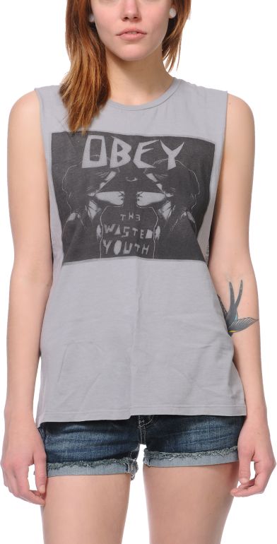 Obey Girls Wasted Youth Grey Moto Cut-Off Tank Top