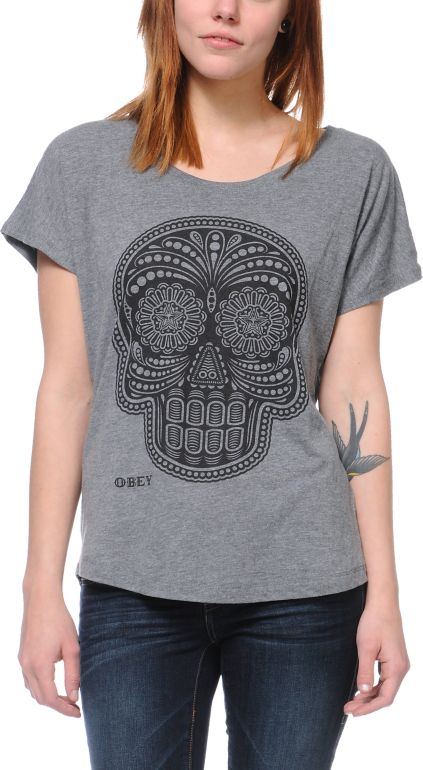 Obey Day Of The Dead Heather Grey Dolman Tee Shirt