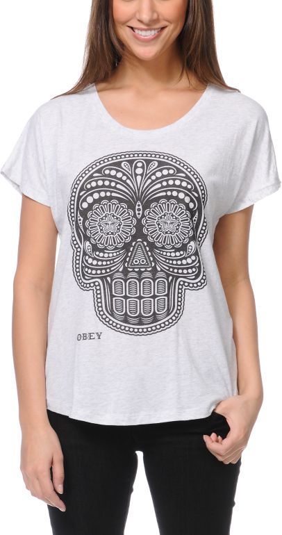 Obey Day Of The Dead Heather White Dolman Tee Shirt