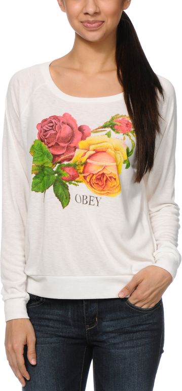 Obey Bed OF Roses Ivory White Raglan Top