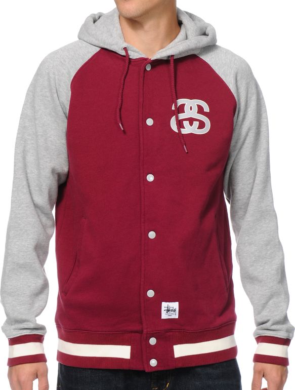 Stussy Hooded Baseball Maroon & Heather Grey Varsity Jacket