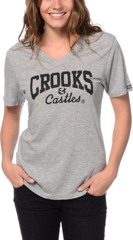 Crooks and Castles Girls Core Logo Grey V-Neck Tee Shirt