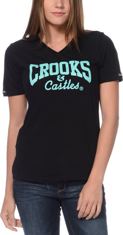 Crooks and Castles Girls Core Logo Black & Mint V-Neck Tee Shirt