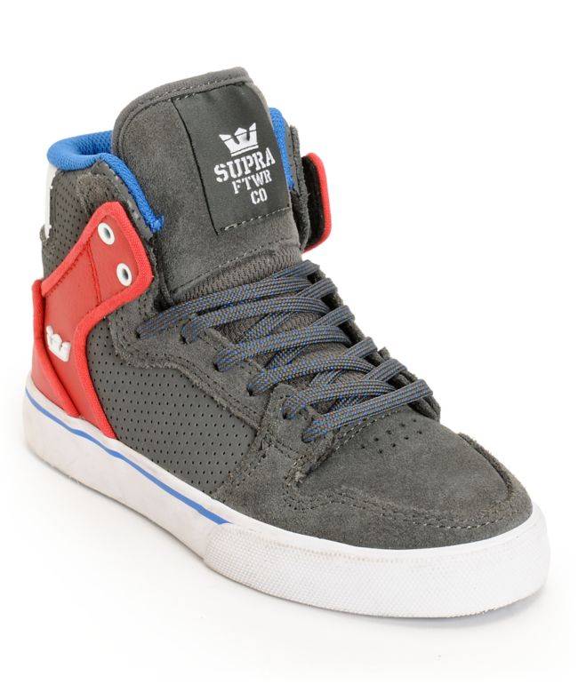 Supra Kids Vaider Grey, Red & Blue High Top Skate Shoes