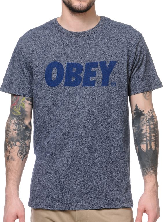 Obey Font Heather Navy Blended Tee Shirt