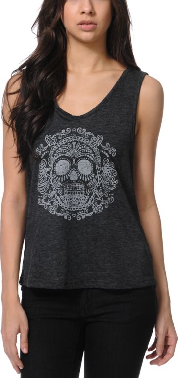 Cea+Jae Lacey Skull Charcoal Fringe Back Tank Top