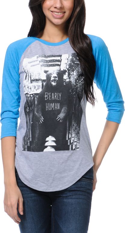 Glamour Kills Bearly Human Grey & Teal Baseball Tee Shirt