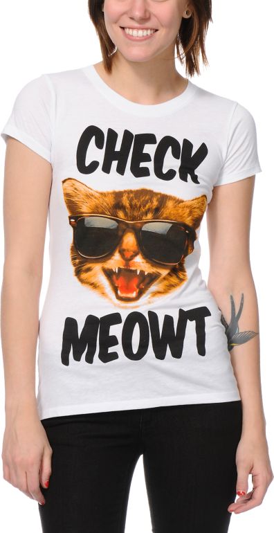 A-Lab Girls Check Meowt White Tee Shirt