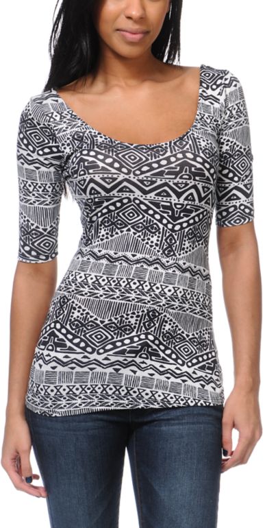 Lunachix Black & White Tribal Print Scoop Fitted Top