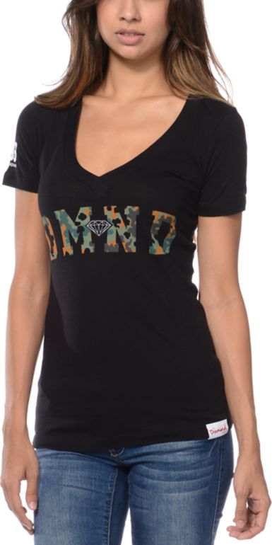 Diamond Supply Girls DMND Camo Print V-Neck Tee Shirt