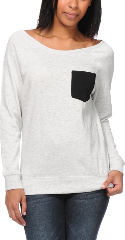 Zine Girls Light Grey Crew Neck Pocket Swetshirt