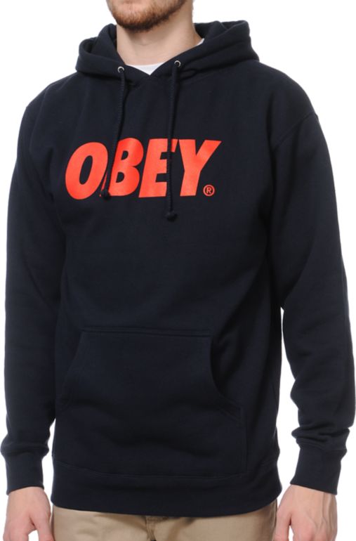 Obey Font Navy & Red Pullover Hoodie