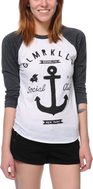 Glamour Kills Girls Brooklyn Anchor Club Charcoal Baseball Tee Shirt