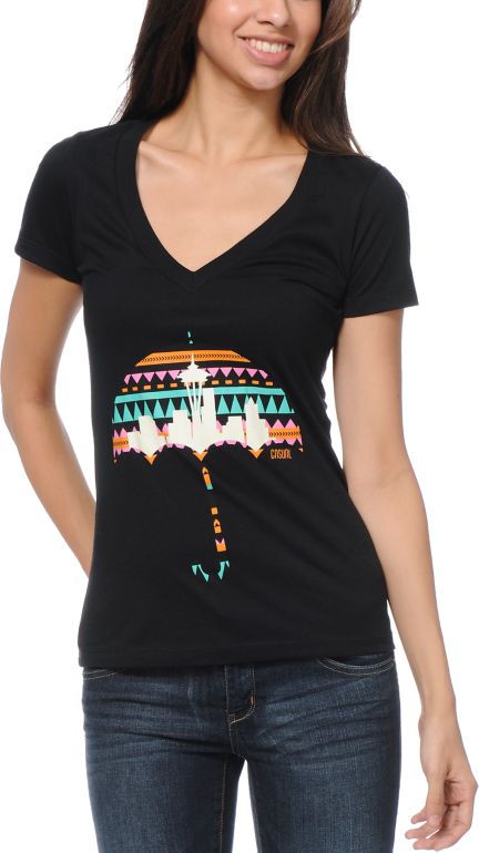 Casual Industrees El Umbrella Black V-Neck Tee Shirt