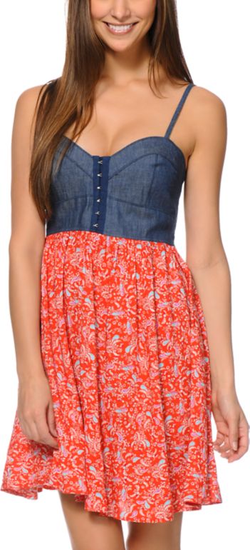 Love, Fire Red Paisley & Denim Eyehook Bodice Dress