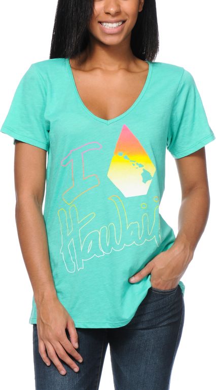 Volcom Girls I Stone Hawaii Teal V-Neck Tee Shirt