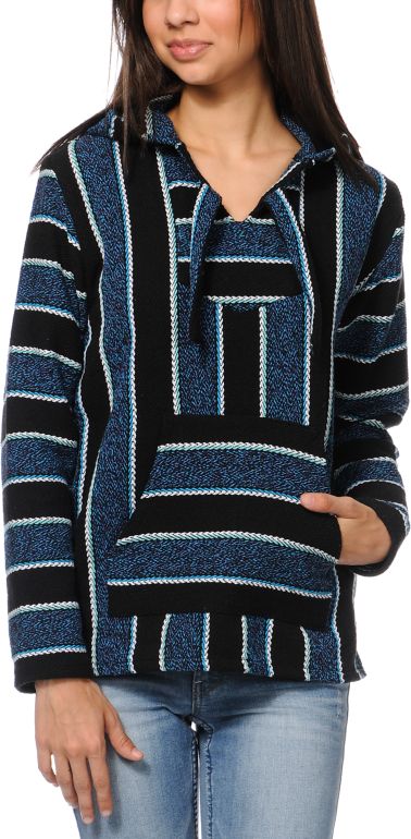 Senor Lopez Girls Black Purple & Mint Stripe Poncho