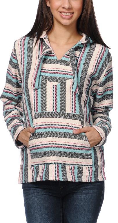 Senor Lopez Girls Natural Grey & Mint Stripe Poncho