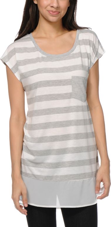 Jolt Grey Stripe & Chiffon Tunic Top