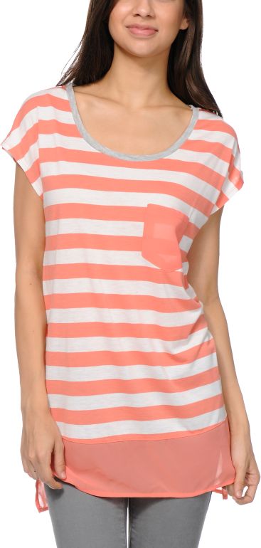 Jolt Coral Stripe & Chiffon Tunic Top