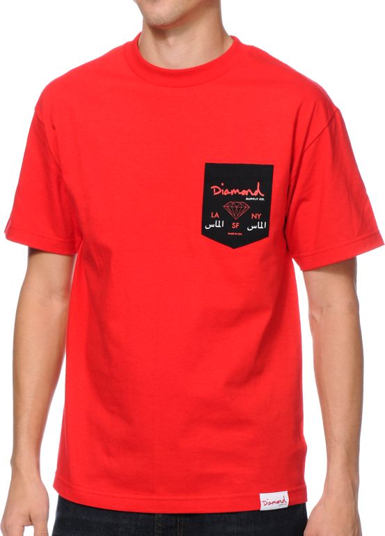 Diamond Supply City Label Red Pocket Tee Shirt