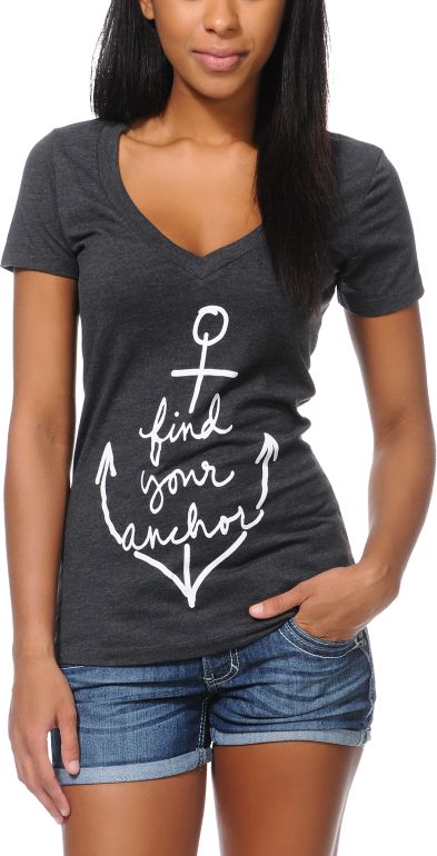 Empyre Girls Find Your Anchor Chacoal V-Neck Tee Shirt
