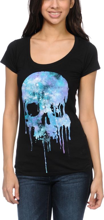 Empyre Girls Cosmic Drip Skull Black Tee Shirt