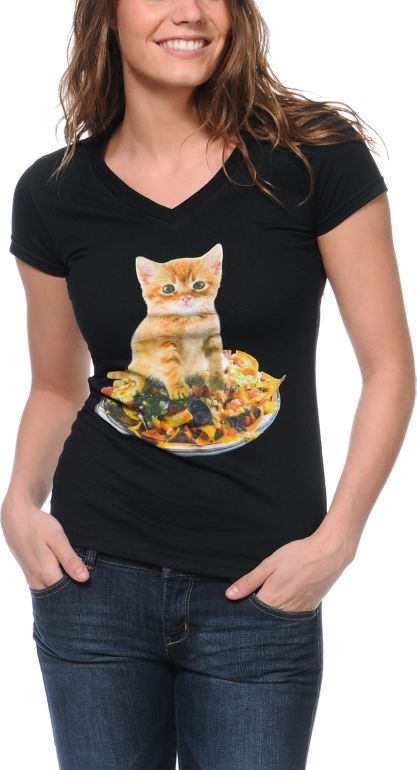 A-Lab Girls Nacho Cat Black V-Neck Tee Shirt