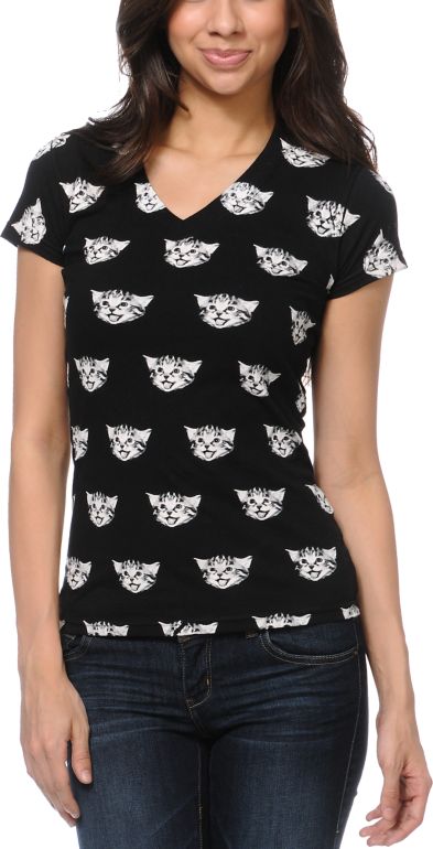 A-Lab Girls Kittens Unlimited Black V-Neck Tee Shirt