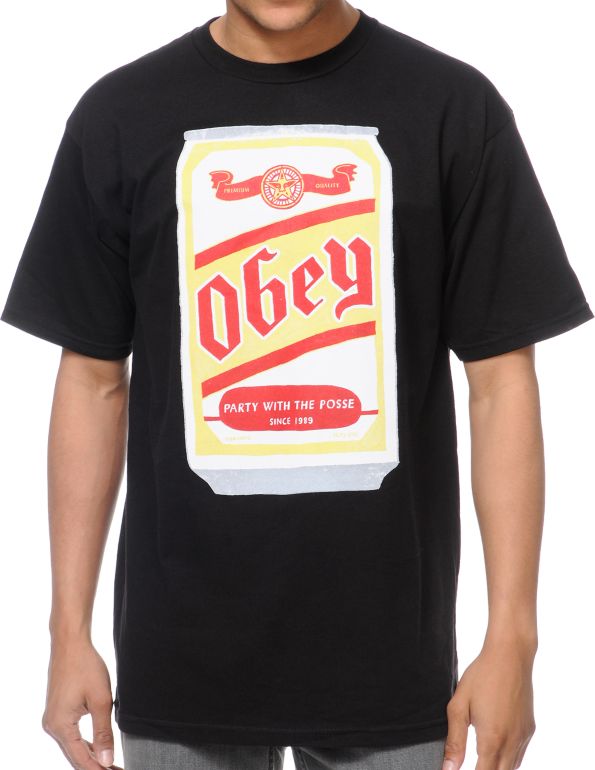 Obey Beer Can Black Tee Shirt