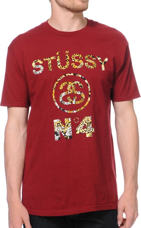 Stussy Cheetah Stussy No.4 Burgundy Tee Shirt