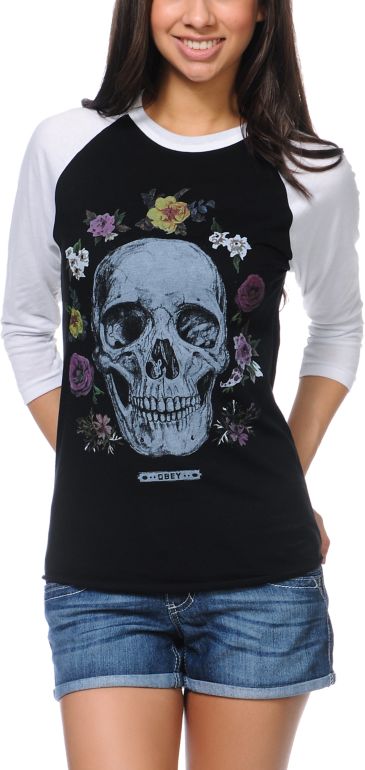 Obey Reincarnation Black & White Baseball Tee Shirt
