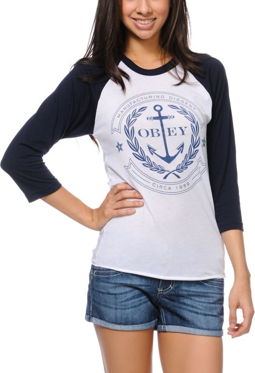 Obey Girls Cruise Liner Navy Baseball Tee Shirt