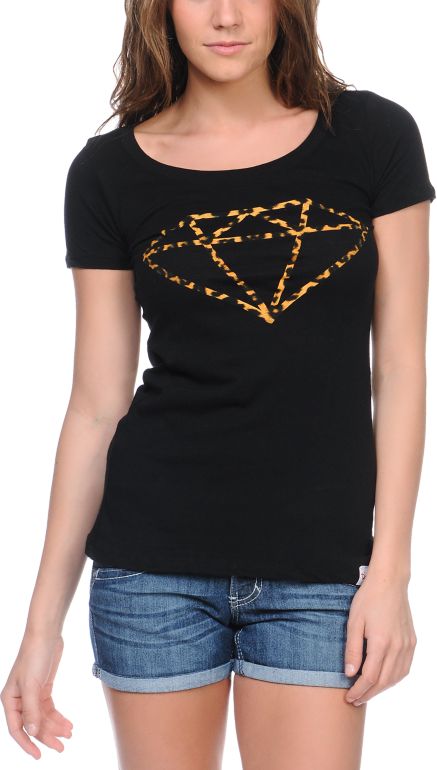 Diamond Supply Girls Leopard Rock Black Scoop Neck Tee
