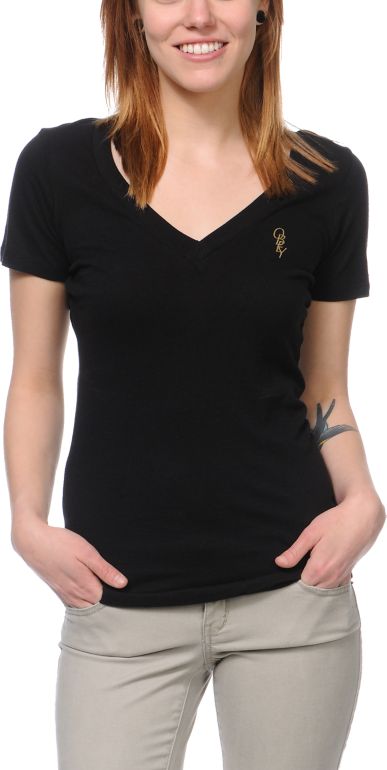Obey Girls High Fashion Black V-Neck Tee Shirt