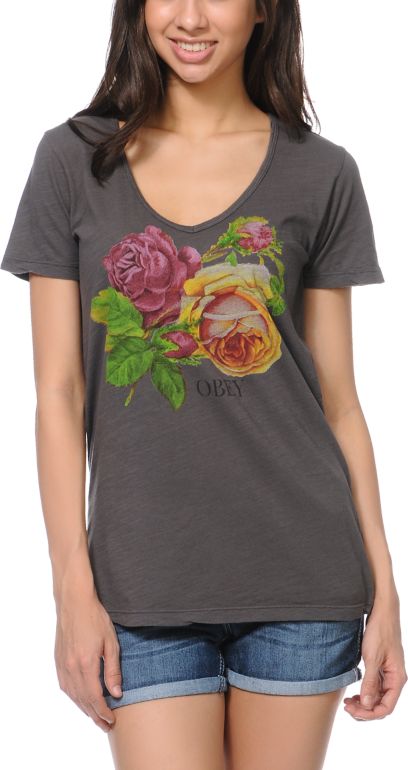 Obey Bed Of Roses Grey Skinny V-Neck Tee Shirt