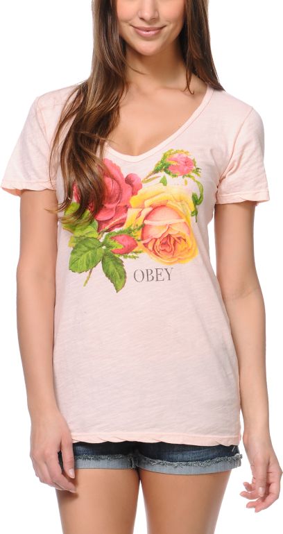 Obey Bed Of Roses Pink Skinny V-Neck Tee Shirt