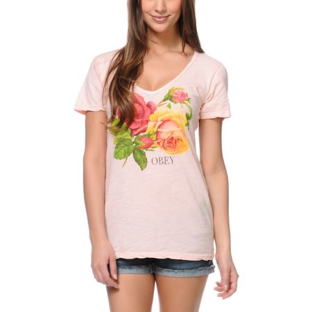 Obey Bed Of Roses Pink Skinny V-Neck Tee Shirt
