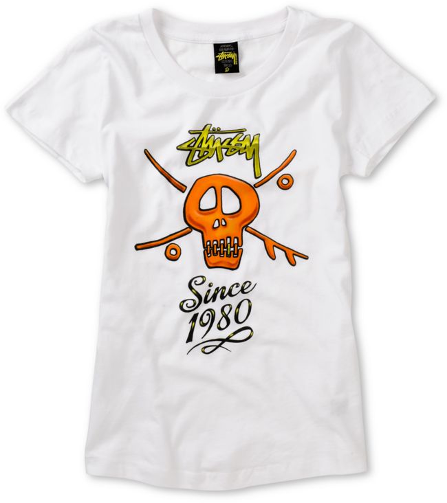 Stussy Girls Skull Script White Tee Shirt