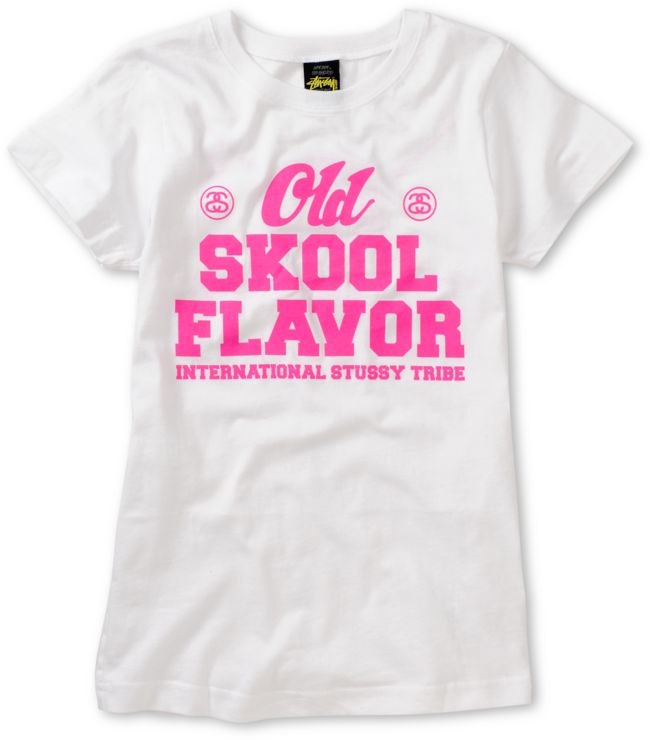Stussy Girls Old Skool Collegiate White Tee Shirt