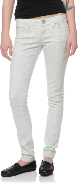 Almost Famous Mint Novelty Glitter Leg Skinny Jeans