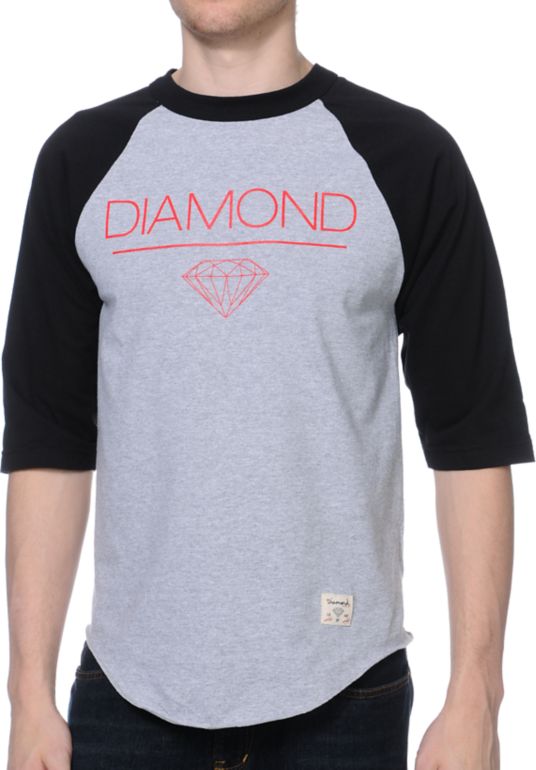 Diamond Supply Whitespace Black & Heather Grey Baseball Tee Shirt