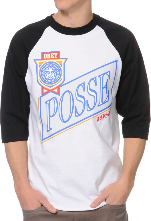 Obey Posse Light Black & White Baseball Tee Shirt