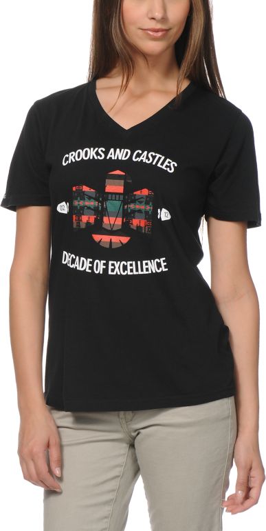Crooks And Castles Girls Mayan Bird Black V-Neck Tee Shirt